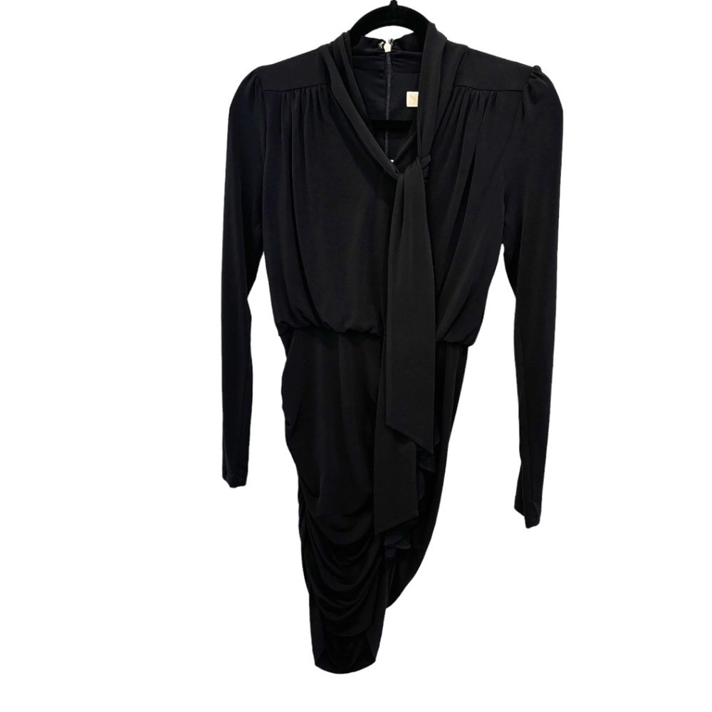 Michael Michael Kors Womens Matte Tie-Neck Ruched Dress Black Long Sleeve XS NWT